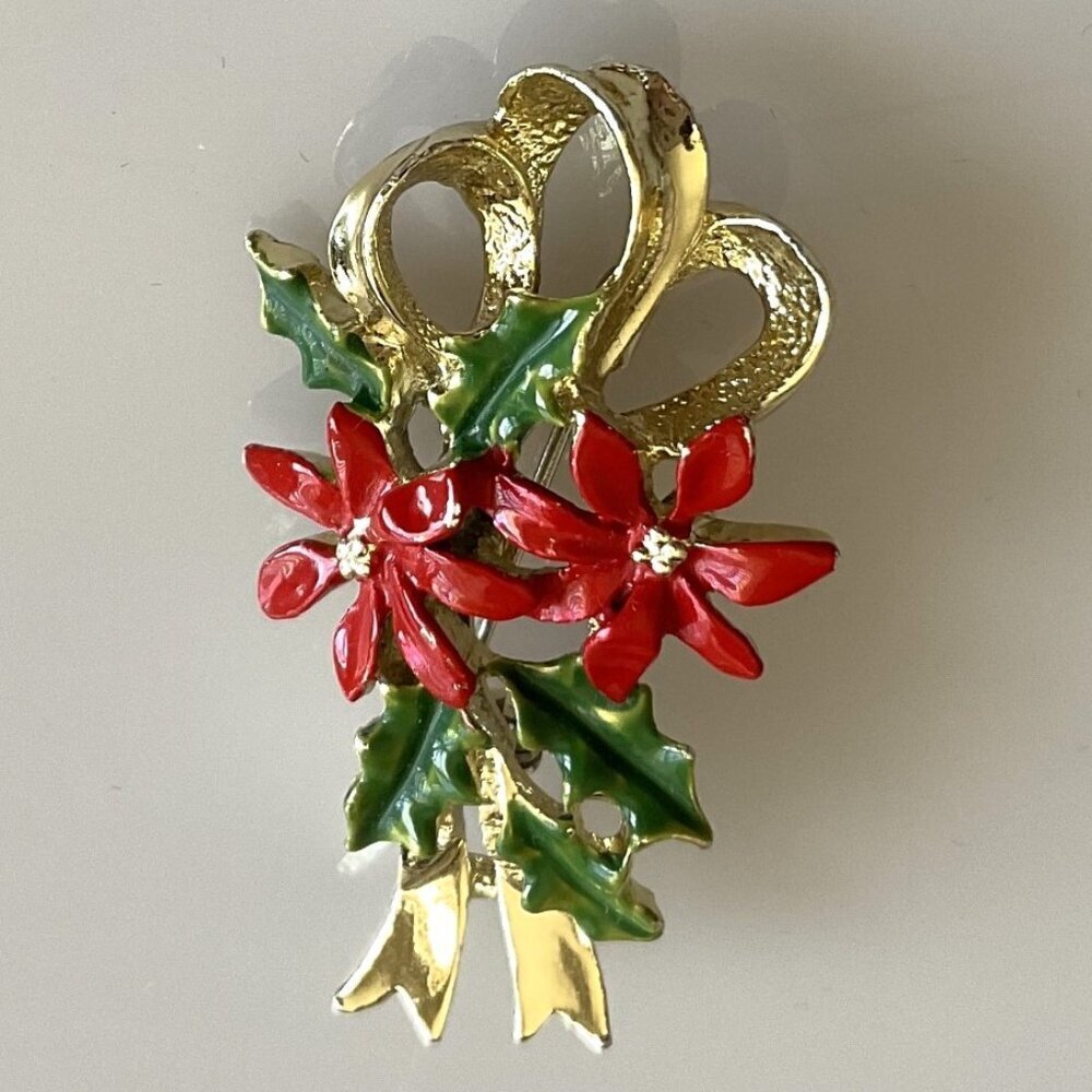 VINTAGE GERRY WEBER POINSETTE HOLLY LEAVES GOLD TONE RIBBON HOLIDAY BROOCH